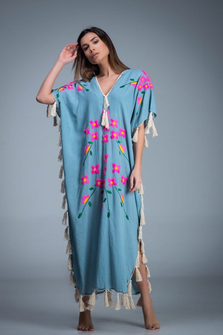 Hand embroidered fringes tassel side split long kimono