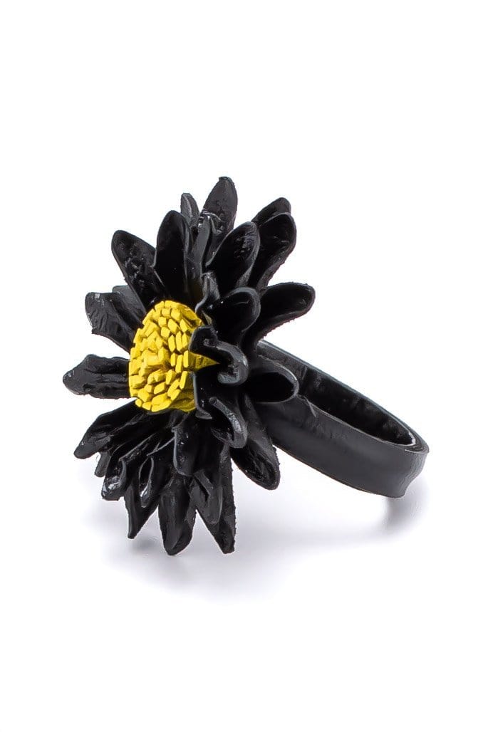 Leather black flower Ring - awatara