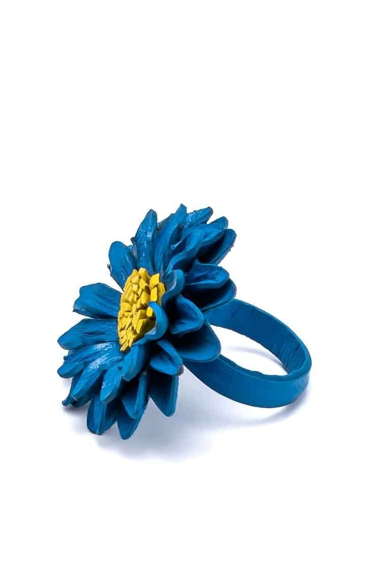 Leather blue flower Ring - awatara