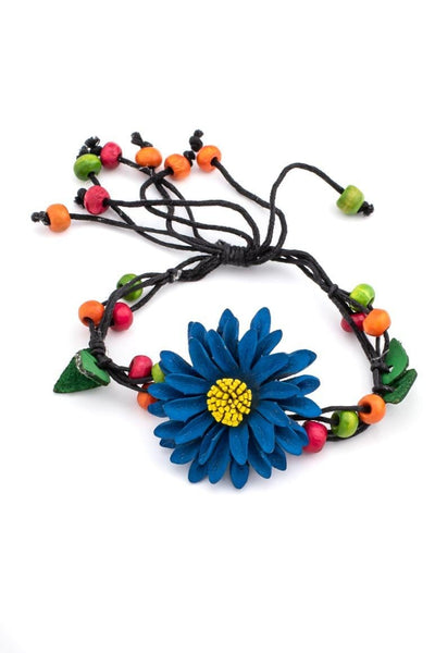 Leather flower design summer hippie bracelet blue - awatara