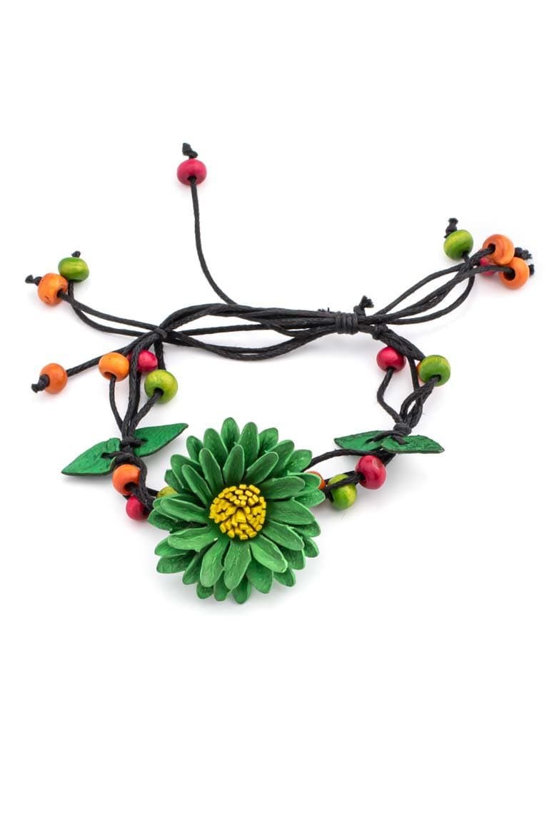 Leather flower design summer hippie bracelet green - awatara