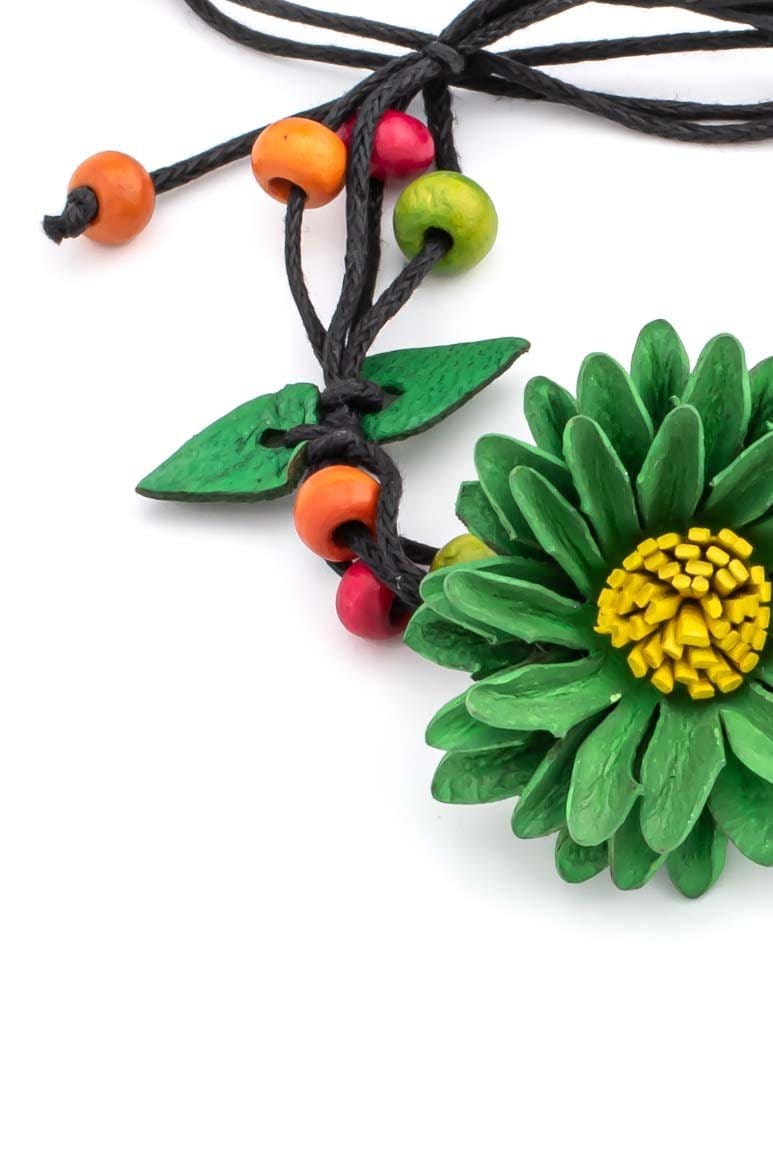Leather flower design summer hippie bracelet green - awatara
