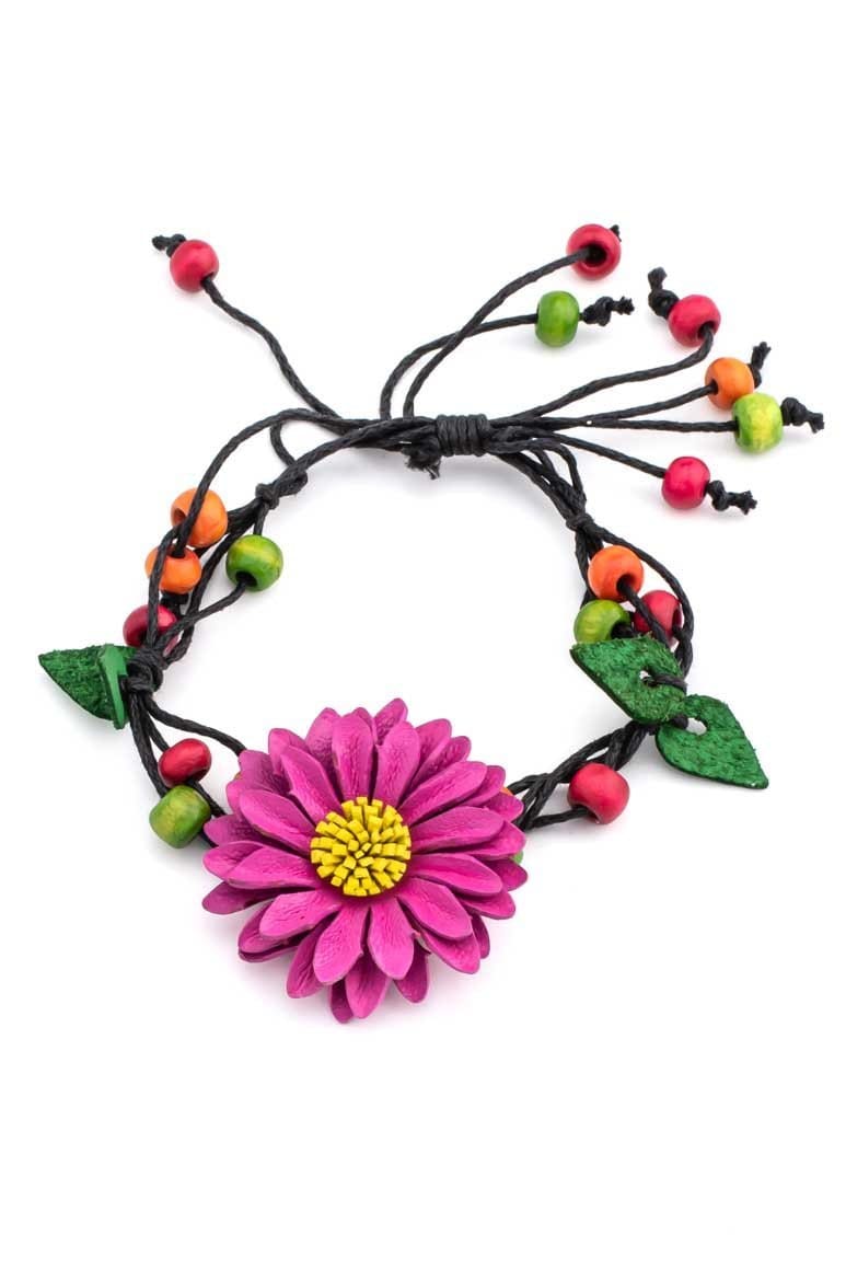 Leather flower design summer hippie bracelet pink - awatara