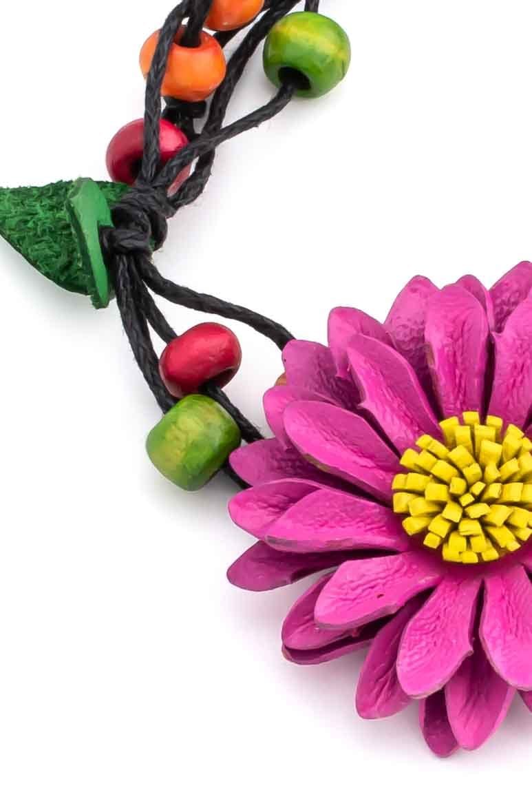 Leather flower design summer hippie bracelet pink - awatara