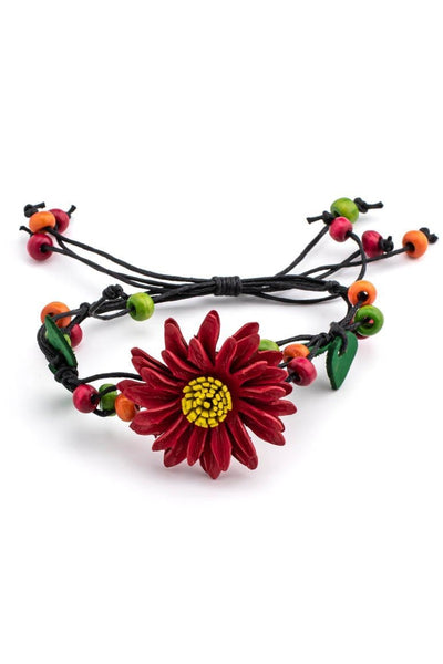 Leather flower design summer hippie bracelet RED - awatara