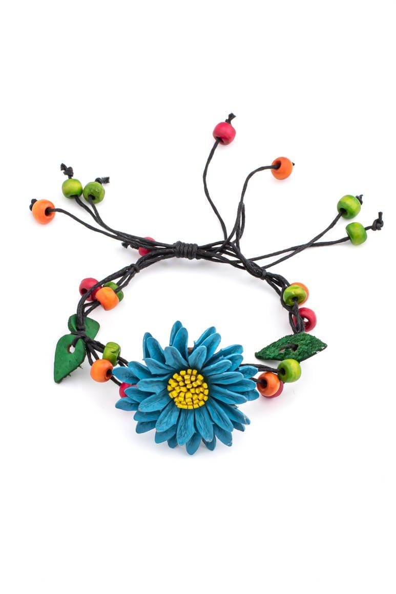 Leather flower design summer hippie bracelet turquoise - awatara
