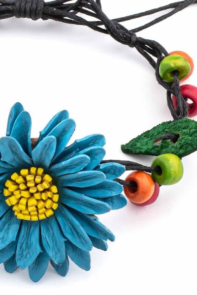 Leather flower design summer hippie bracelet turquoise - awatara