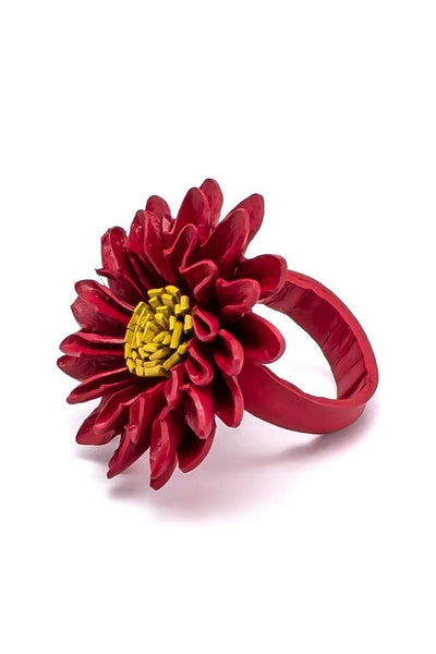Leather RED flower Ring - awatara