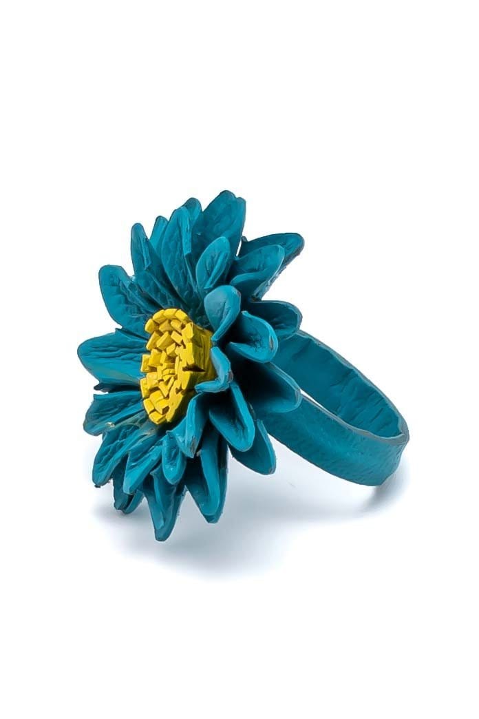 Leather TURQUOISE flower Ring - awatara