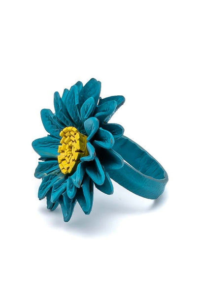 Leather TURQUOISE flower Ring - awatara