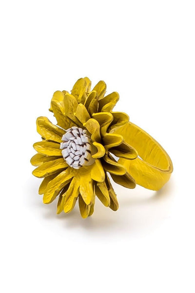 Leather yellow flower Ring - awatara
