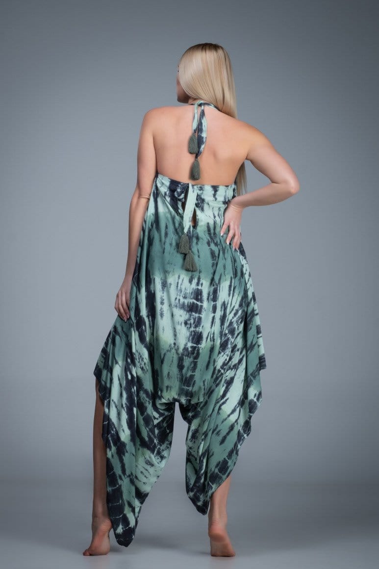 Green tie dye hi low hemline wide leg jumpsuit