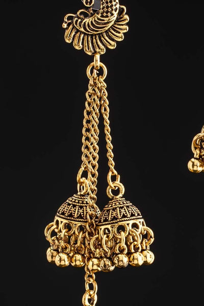 Indian culture inspired earrings decorated by small chains and bells gold-awatara