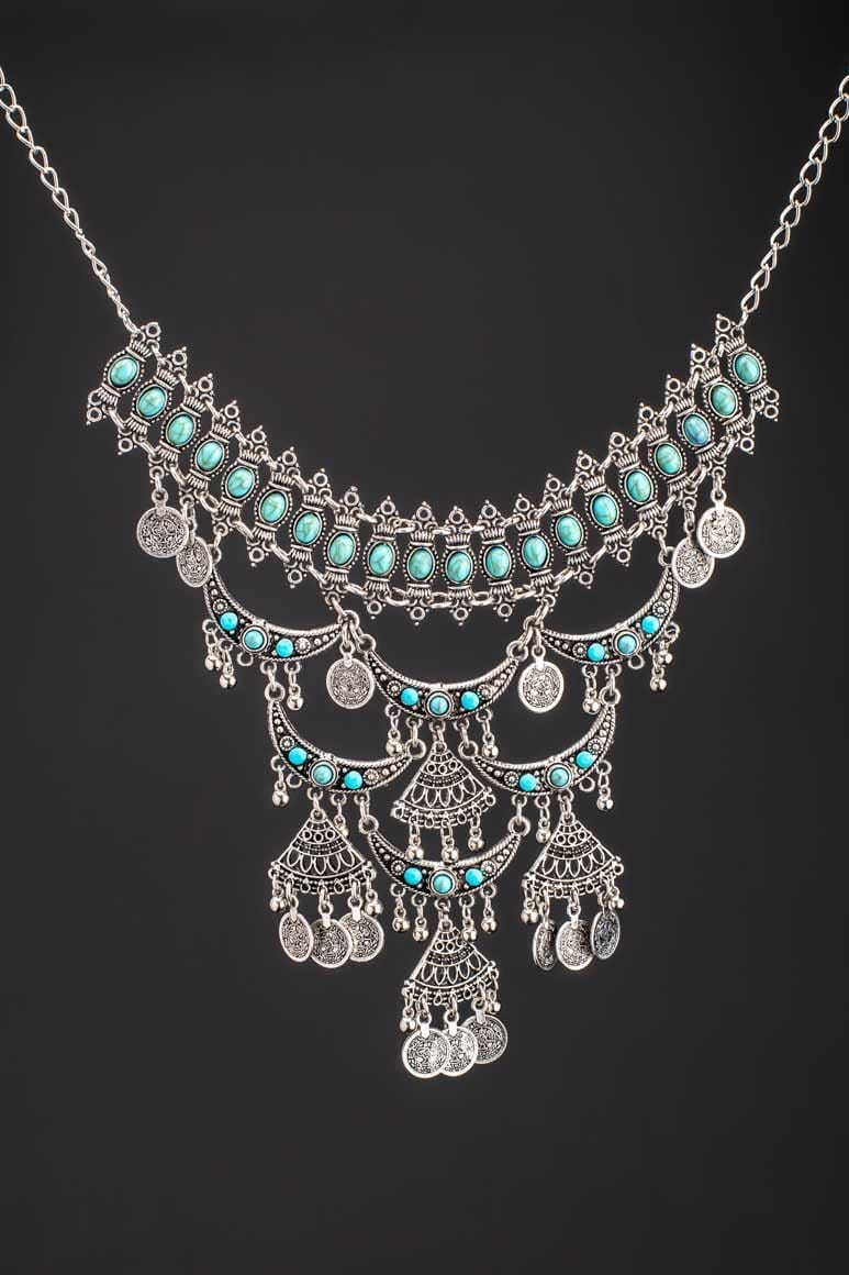 Retro style coin necklace turquoise stone - awatara