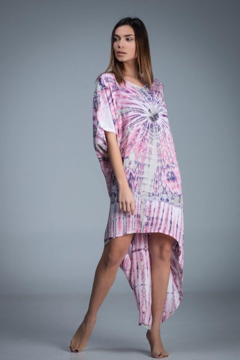 Asymmetric short sleeve pink tie dye kaftan dress