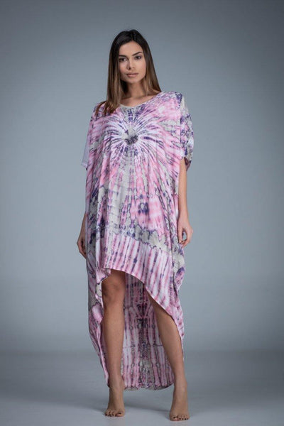 Asymmetric short sleeve pink tie dye kaftan dress