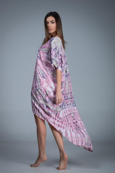Asymmetric short sleeve pink tie dye kaftan dress