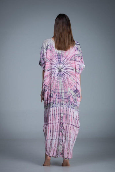 Asymmetric short sleeve pink tie dye kaftan dress