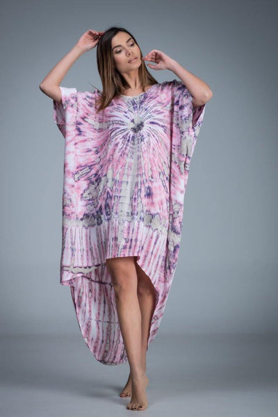 Asymmetric short sleeve pink tie dye kaftan dress