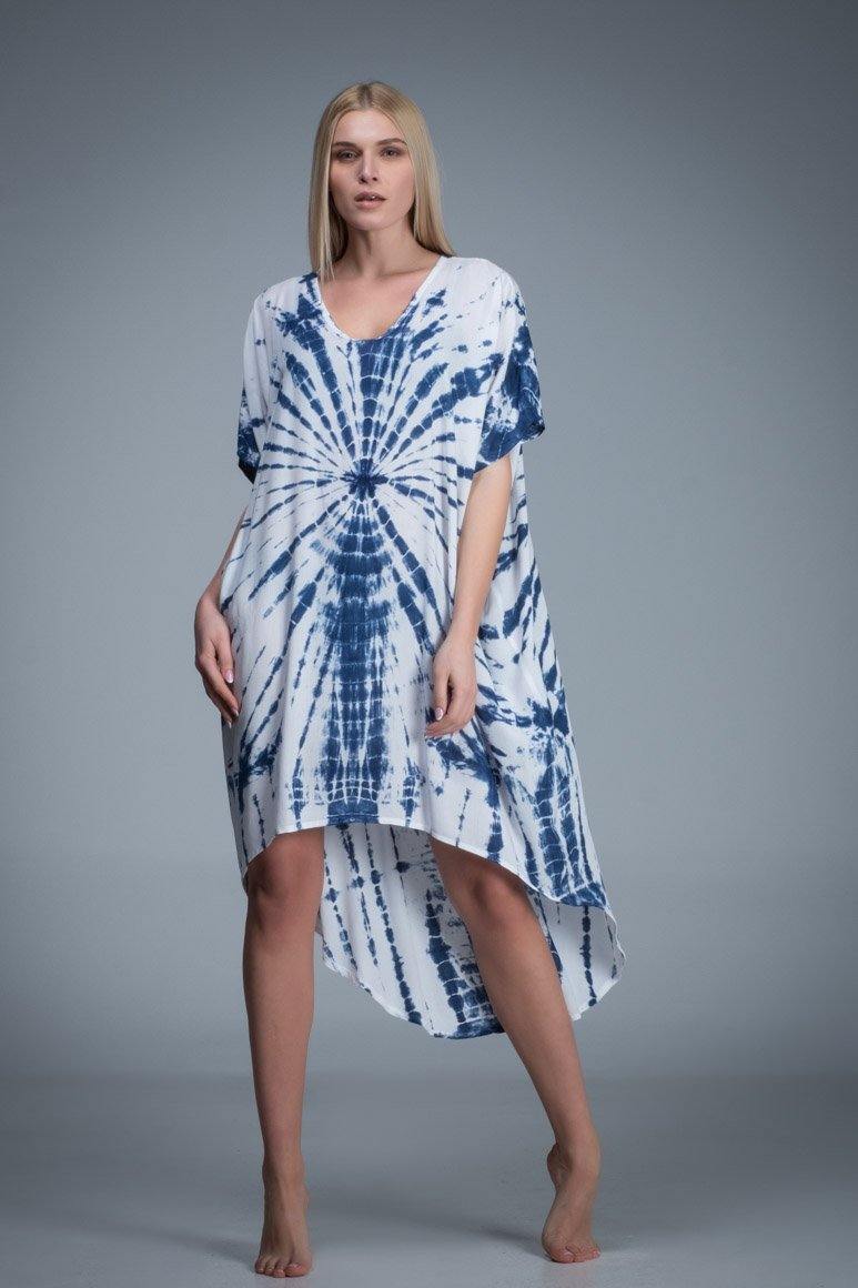 Asymmetric short sleeve blue white tie dye kaftan dress
