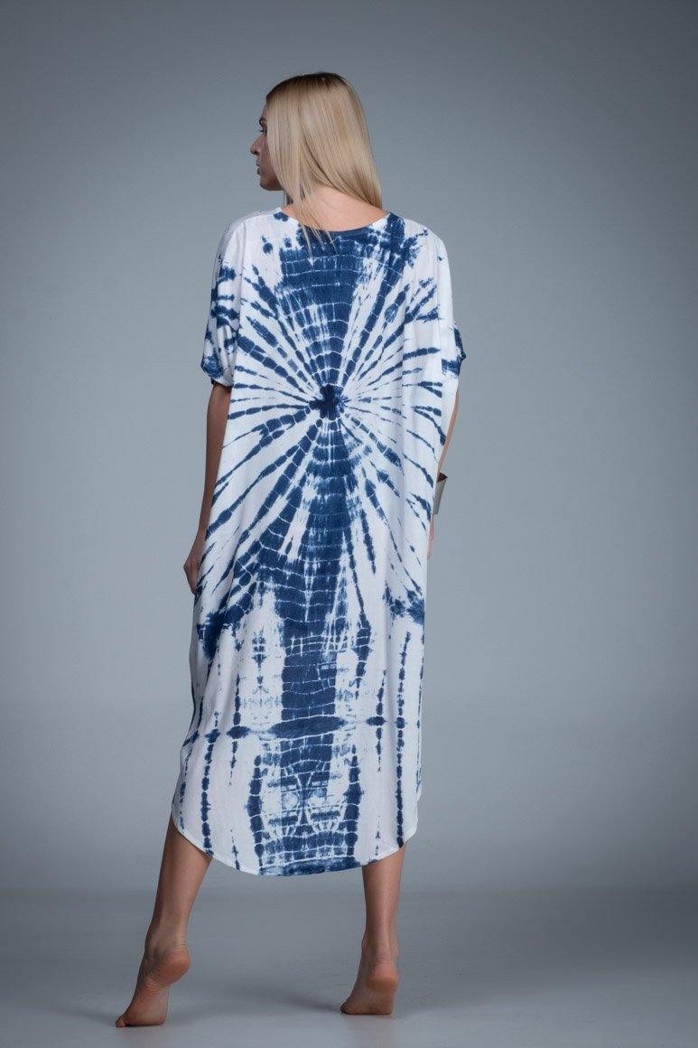 Asymmetric short sleeve blue white tie dye kaftan dress
