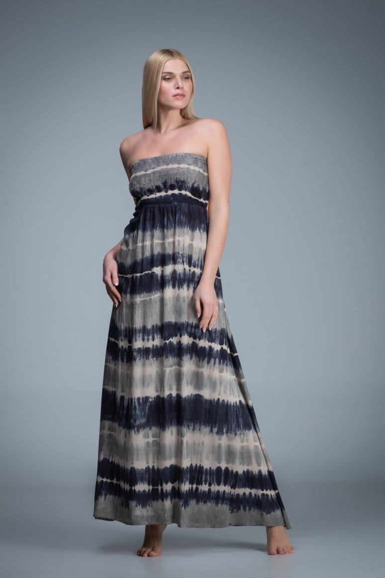 Smocked bodice strapless tie dye long dress with knitted net back detail. White blue grey color combination tie dye dress