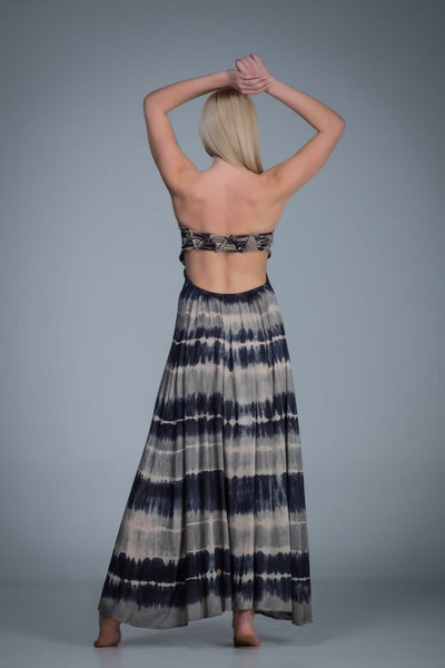 Smocked bodice strapless tie dye long dress with knitted net back detail. White blue grey color combination tie dye dress