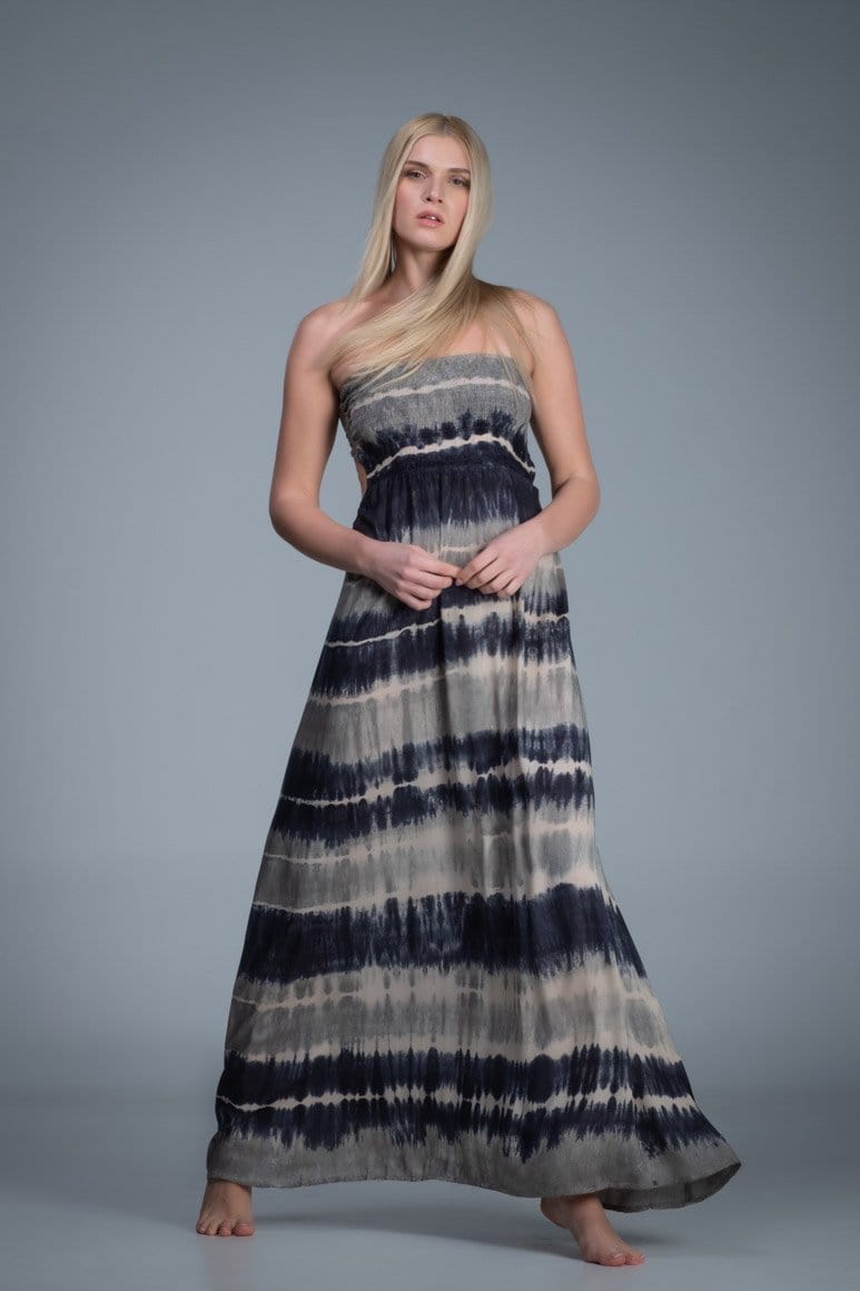 Smocked bodice strapless tie dye long dress with knitted net back detail. Yellow blue grey color combination tie dye dress