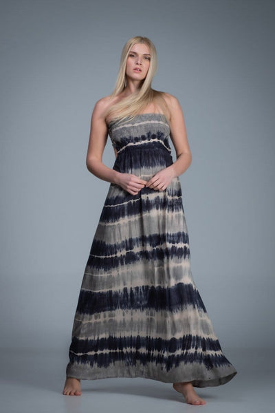 Smocked bodice strapless tie dye long dress with knitted net back detail. Yellow blue grey color combination tie dye dress