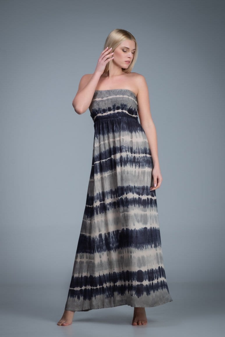 Smocked bodice strapless tie dye long dress with knitted net back detail. White blue grey color combination tie dye dress