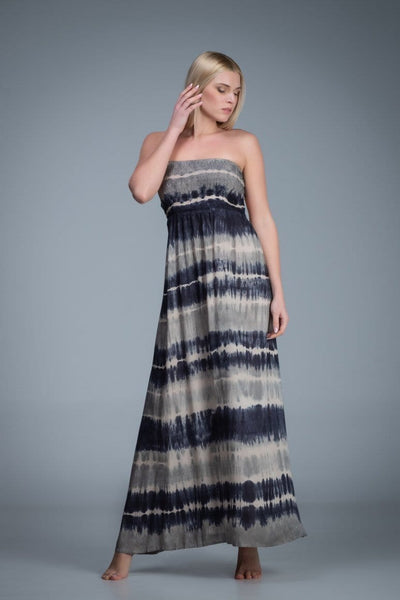 Smocked bodice strapless tie dye long dress with knitted net back detail. White blue grey color combination tie dye dress