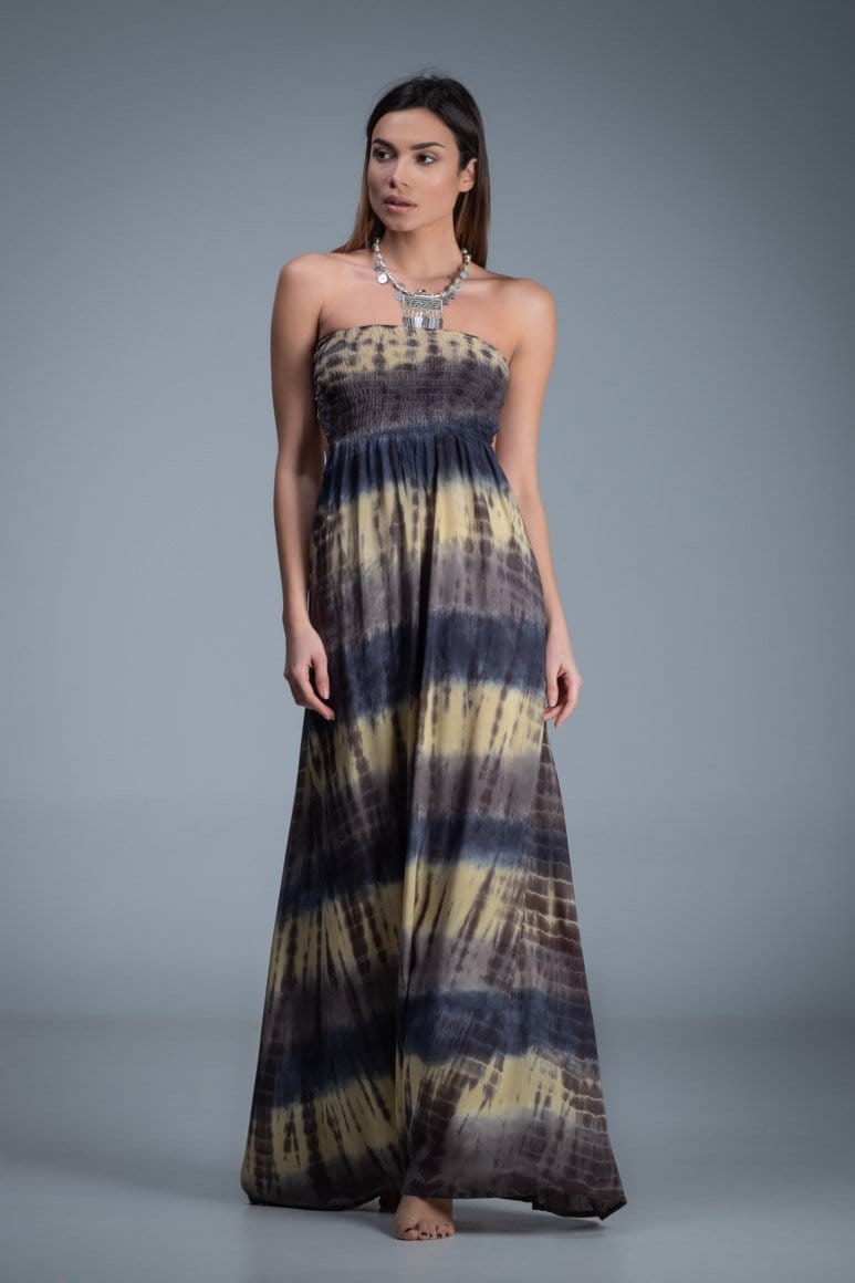 Smocked bodice strapless tie dye long dress with knitted net back detail. Yellow blue grey color combination tie dye dress