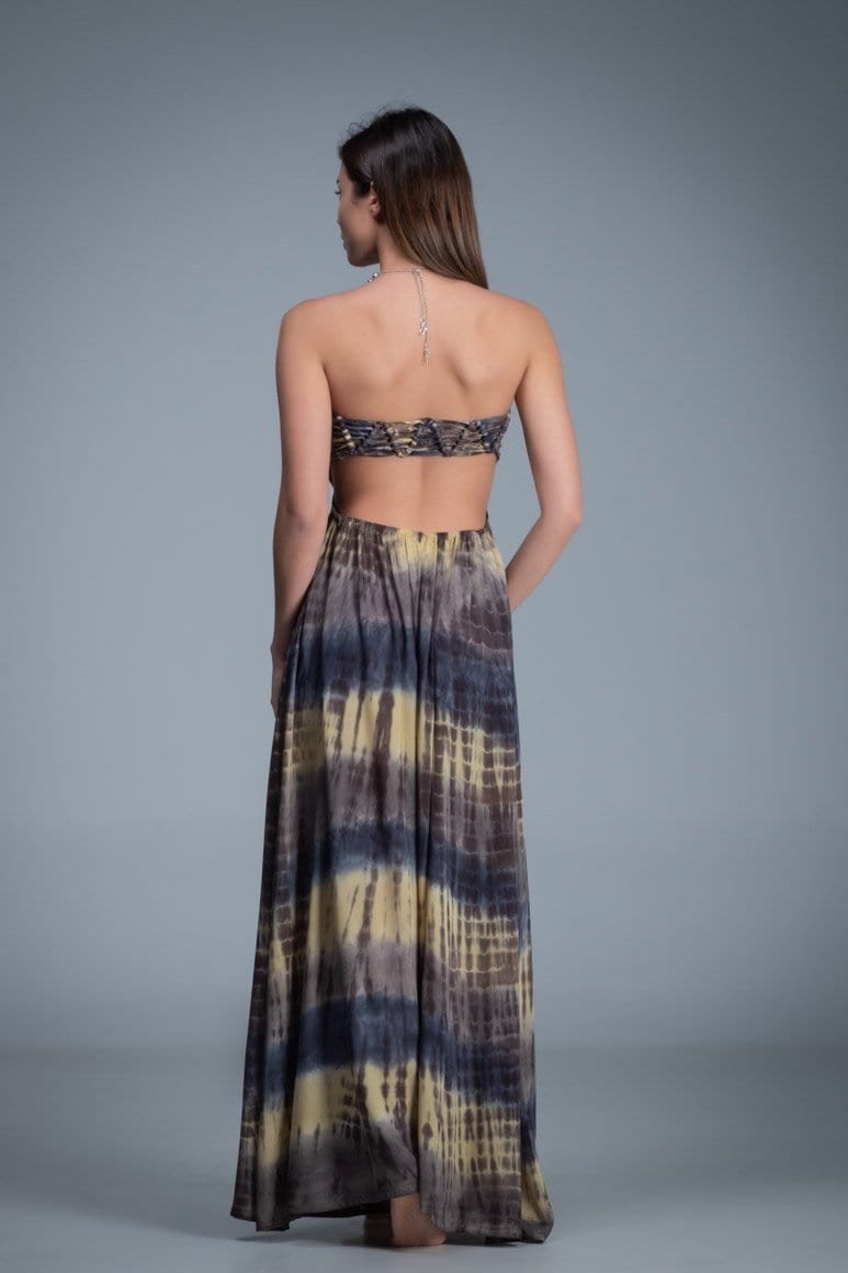 Smocked bodice strapless tie dye long dress with knitted net back detail. Yellow blue grey color combination tie dye dress