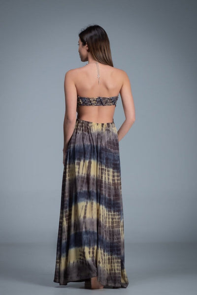 Smocked bodice strapless tie dye long dress with knitted net back detail. Yellow blue grey color combination tie dye dress