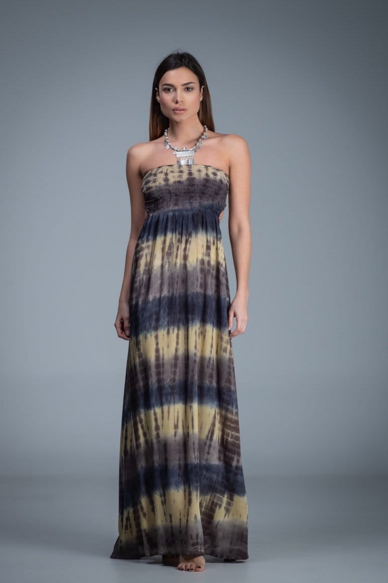 Smocked bodice strapless tie dye long dress with knitted net back detail. Yellow blue grey color combination tie dye dress