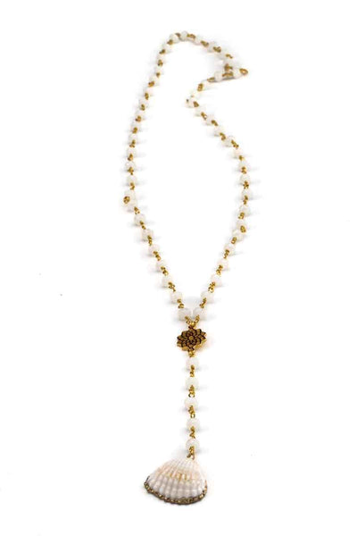  Rosary necklace decorated with crystals and a shell pendant