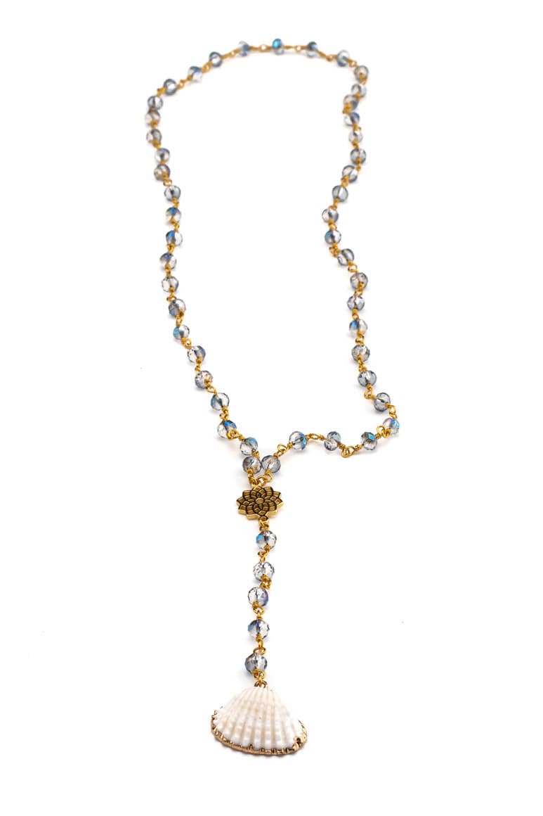 Rosary necklace decorated with  blue crystals and a shell pendant-awatara