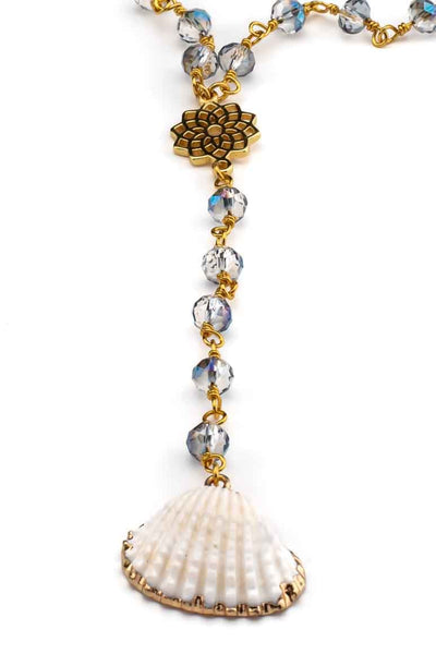 Rosary necklace decorated with  blue crystals and a shell pendant-awatara