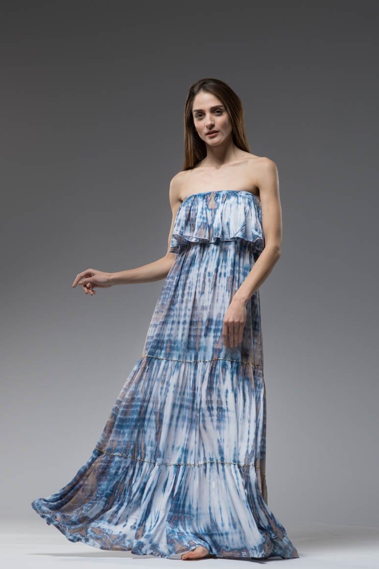 Strapless tie dye ruffled layered bodice elastic under bust embroidered boho long dress blue