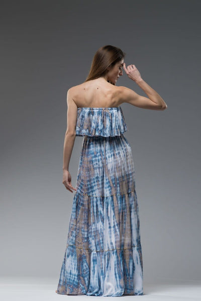 Strapless tie dye ruffled layered bodice elastic under bust embroidered boho long dress blue