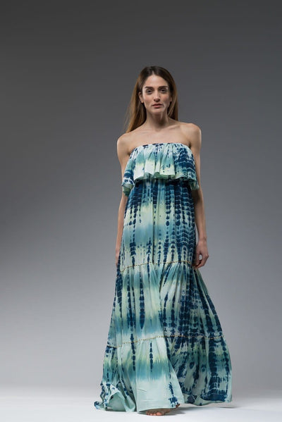 Strapless tie dye ruffled layered bodice elastic under bust embroidered boho long dress