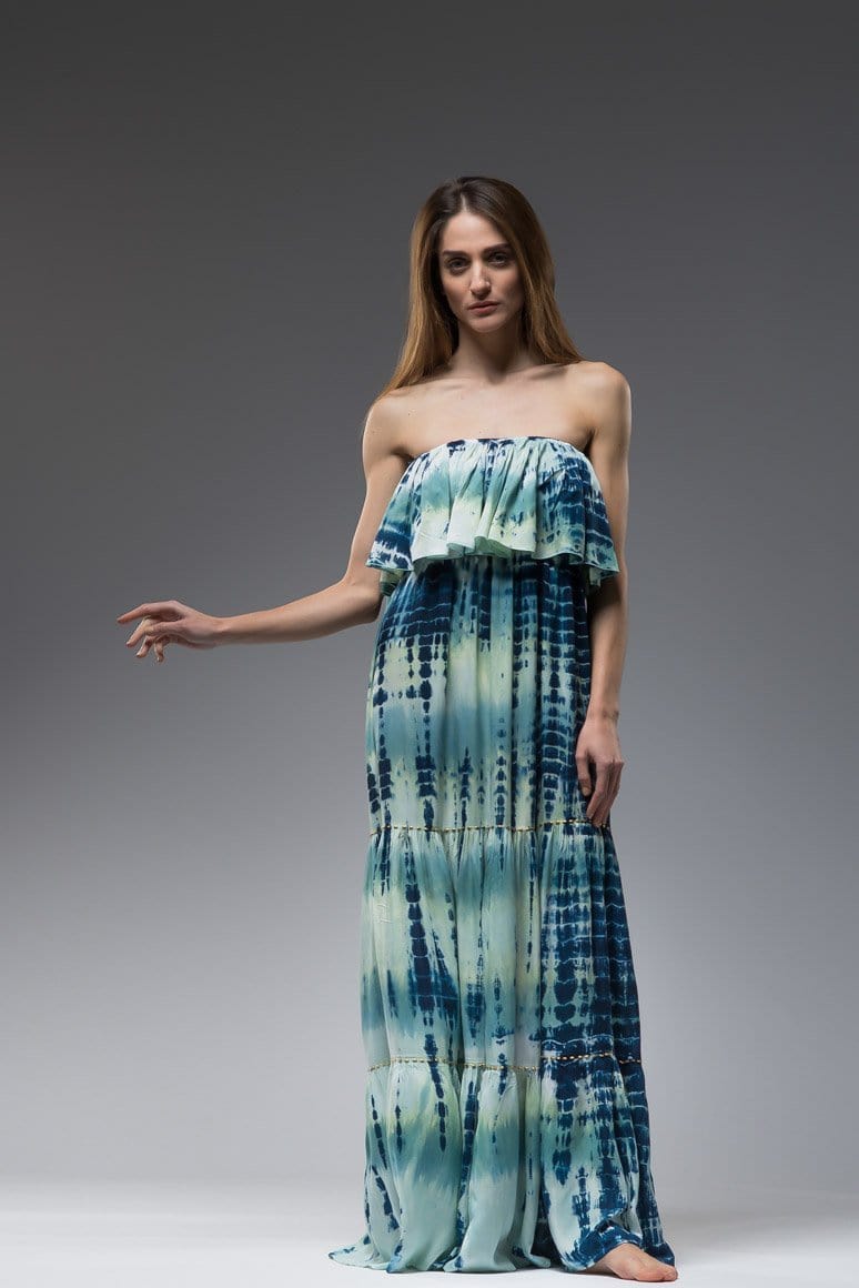Strapless tie dye ruffled layered bodice elastic under bust embroidered boho long dress