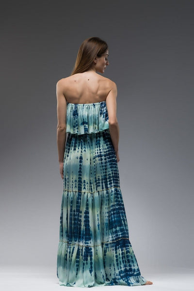 Strapless tie dye ruffled layered bodice elastic under bust embroidered boho long dress