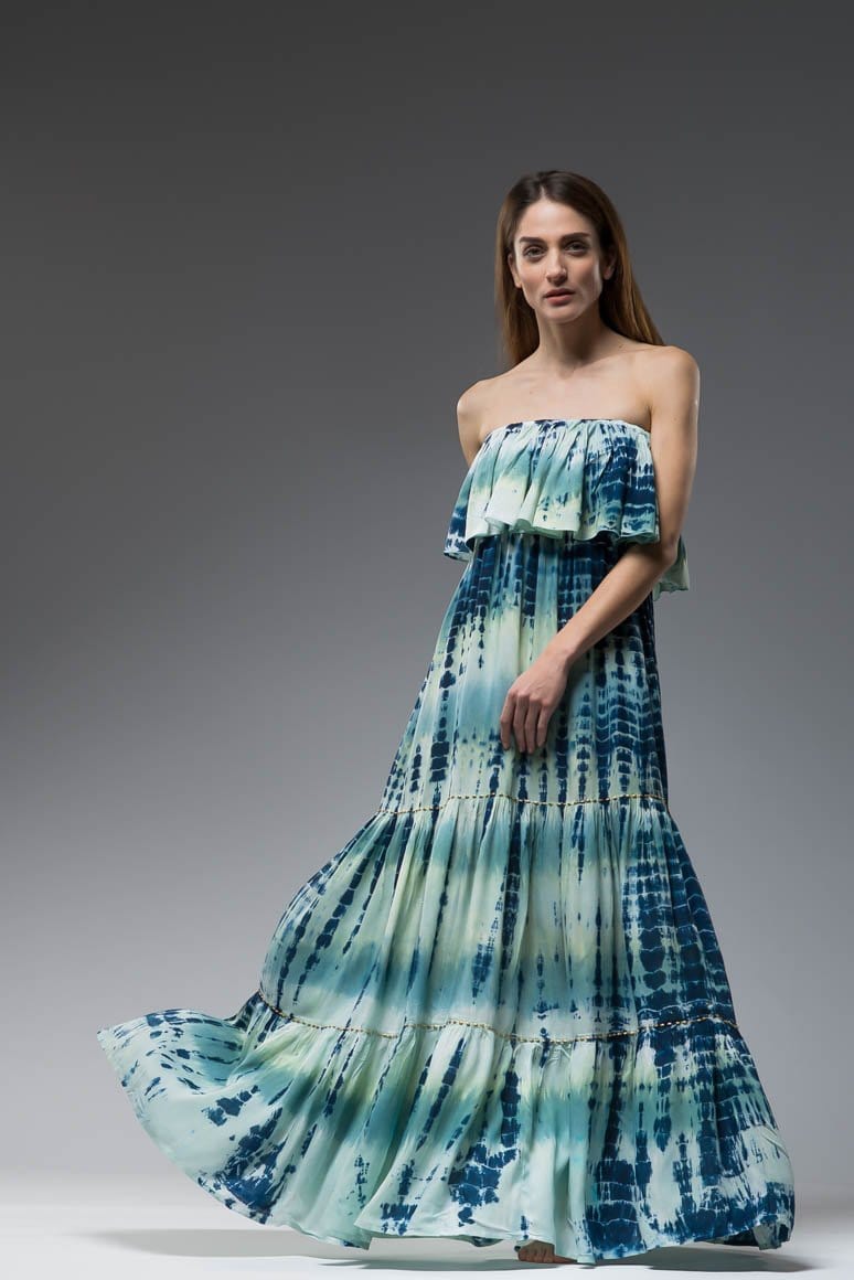Strapless tie dye ruffled layered bodice elastic under bust embroidered boho long dress