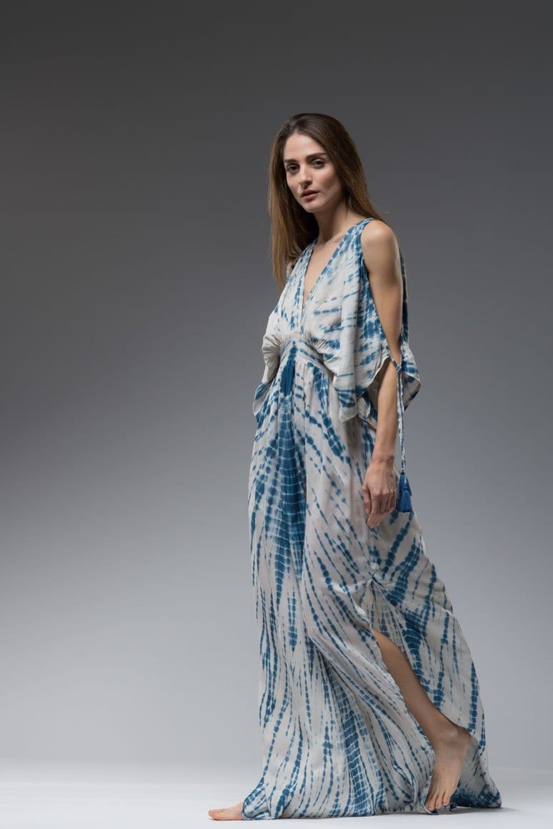 Resort wear boho turquoise blue tie dye open shoulder with strap tassels and floaty short sleeves long kaftan dress