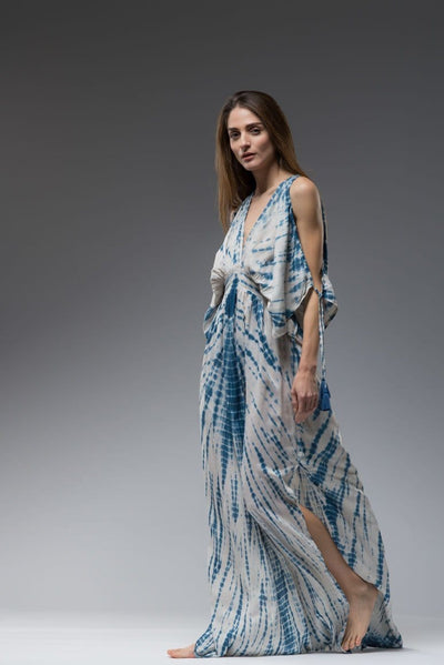 Resort wear boho turquoise blue tie dye open shoulder with strap tassels and floaty short sleeves long kaftan dress