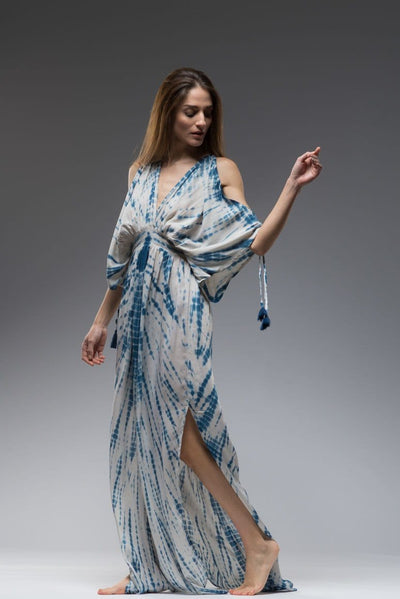 Resort wear boho turquoise blue tie dye open shoulder with strap tassels and floaty short sleeves long kaftan dress