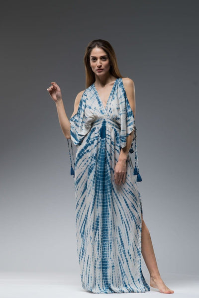 Resort wear boho turquoise blue tie dye open shoulder with strap tassels and floaty short sleeves long kaftan dress