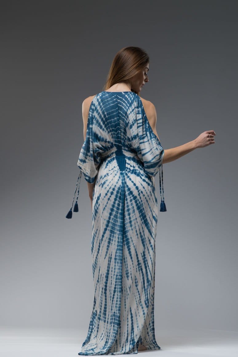 Resort wear boho turquoise blue tie dye open shoulder with strap tassels and floaty short sleeves long kaftan dress