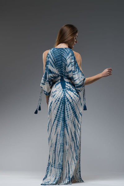 Resort wear boho turquoise blue tie dye open shoulder with strap tassels and floaty short sleeves long kaftan dress